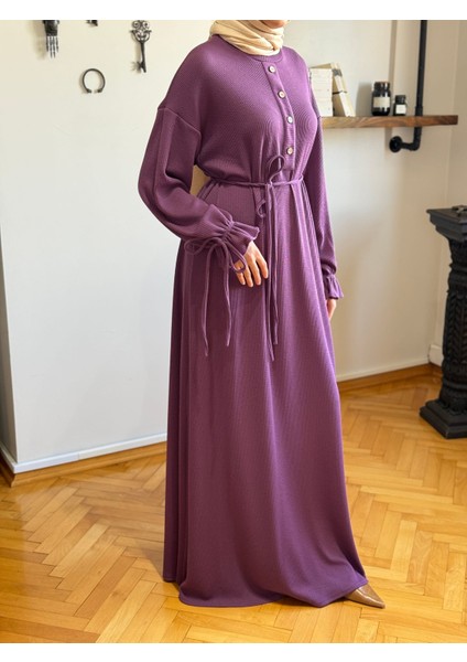 Mürdüm Kol Bağlamalı Düğme Detaylı Örme Elbise 9921 fiyatları