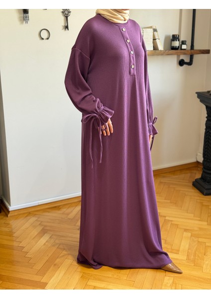Mürdüm Kol Bağlamalı Düğme Detaylı Örme Elbise 9921 modelleri