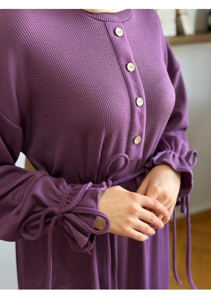 Mürdüm Kol Bağlamalı Düğme Detaylı Örme Elbise 9921 indirimleri