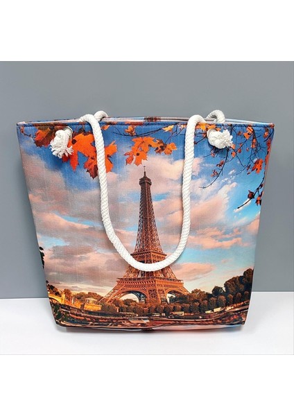 Ds-Derin Eyfel Kulesi Desenli Plaj Çantası-Mavi fırsatları