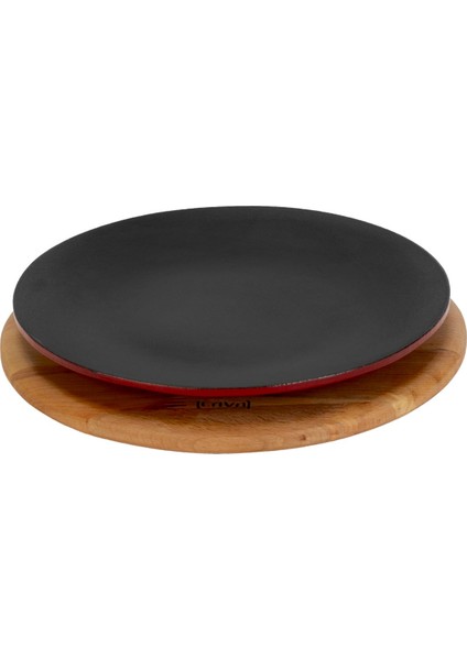 Döküm Yuvarlak Servis Tabağı ve Kayın Servis Ahşabı. ÇAP(Ø)21CM.-BORDO