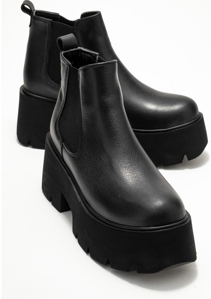 Clen Siyah Cilt Hakiki Deri Lastikli Kadın Kalın Tabanlı Bot