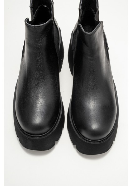 Clen Siyah Cilt Hakiki Deri Lastikli Kadın Kalın Tabanlı Bot fiyatları