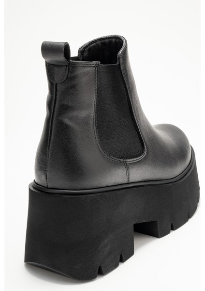 Clen Siyah Cilt Hakiki Deri Lastikli Kadın Kalın Tabanlı Bot indirimleri