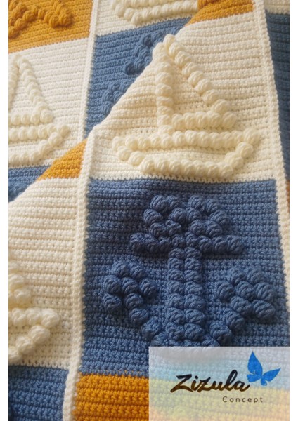 Alize Baby Best El Örgüsü Popcorn Denizci Konsept (Gemi-Çapa ve Yıldız) Bebek Battaniyesi 90 x 90 cm modelleri