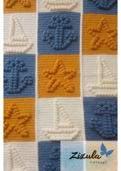 Alize Baby Best El Örgüsü Popcorn Denizci Konsept (Gemi-Çapa ve Yıldız) Bebek Battaniyesi 90 x 90 cm fırsatları