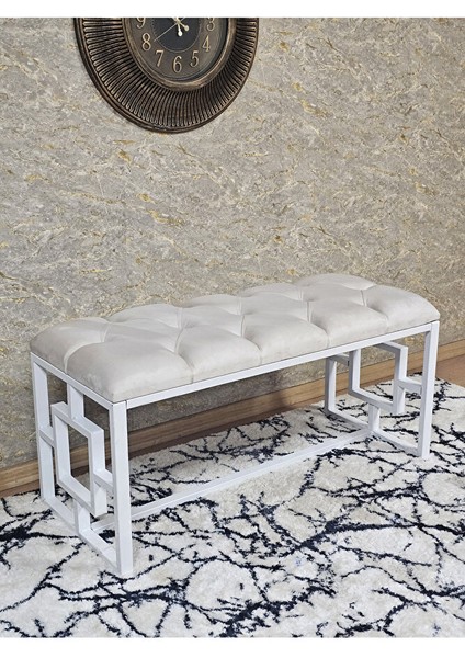 Beyaz Boyalı Içi Kareli Diktörtgen 100 cm x 40 cm Oturak Puf - Bench - Makyaj Oturağı - Oturak Krem Renk 100 x 40 Boyut/ebat
