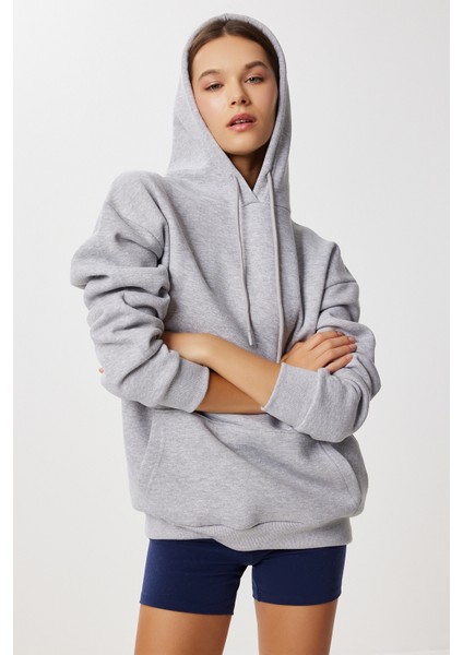 Kapüşonlu Oversize Şardonlu Örme Sweatshirt LEN0042 Gri Melanj