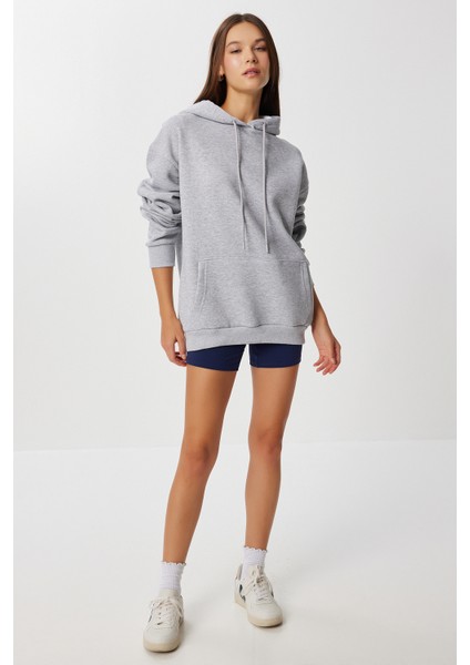 Kapüşonlu Oversize Şardonlu Örme Sweatshirt LEN0042 Gri Melanj fiyatları