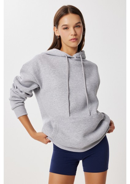 Kapüşonlu Oversize Şardonlu Örme Sweatshirt LEN0042 Gri Melanj modelleri