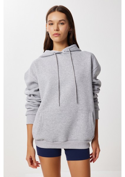Kapüşonlu Oversize Şardonlu Örme Sweatshirt LEN0042 Gri Melanj fırsatları
