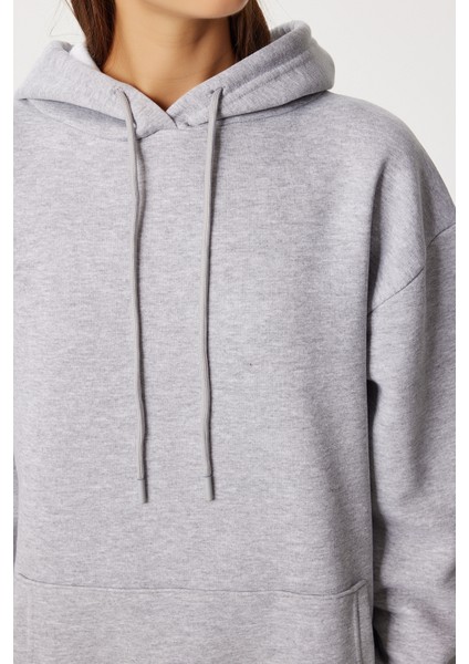 Kapüşonlu Oversize Şardonlu Örme Sweatshirt LEN0042 Gri Melanj indirimleri