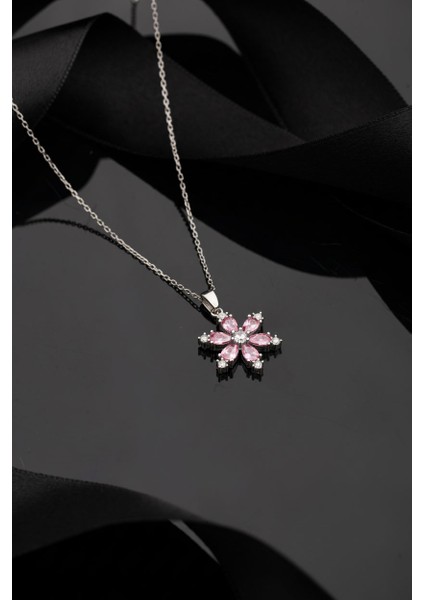 925 Ayar Pembe Kuvars Taşlı Rodyum Lotus Çiçeği Gümüş Kolye