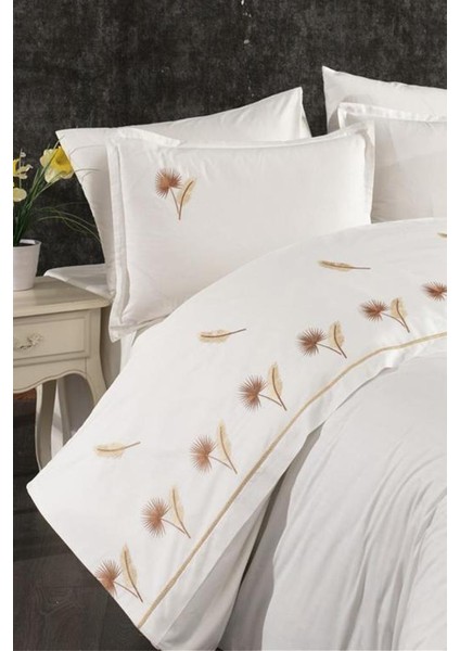 Palmiye Nakışlı %100 Pamuk Çift Kişilik Nevresim Takımı Cappucino