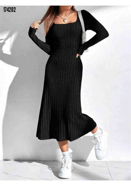 Kadın Uzun Kollu Kare Yaka Midi Kaşkorse Elbise, Kırmızı Gül Figürlü Kolye Hediye