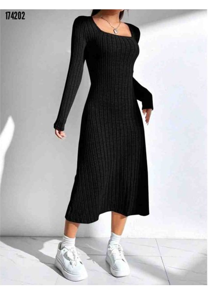 Kadın Uzun Kollu Kare Yaka Midi Kaşkorse Elbise, Kırmızı Gül Figürlü Kolye Hediye modelleri