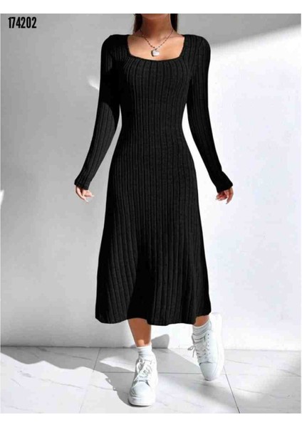 Kadın Uzun Kollu Kare Yaka Midi Kaşkorse Elbise, Kırmızı Gül Figürlü Kolye Hediye fırsatları