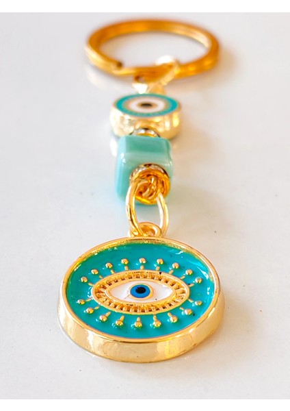 Sarı Metal Içi Turkuaz Mavi Göz Desenli Anahtarlık