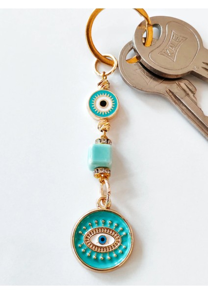 Sarı Metal Içi Turkuaz Mavi Göz Desenli Anahtarlık fiyatları
