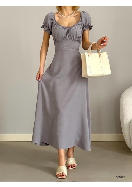 Kemerli Kol Lastikli Madonna Yaka Elbise Gri 582079