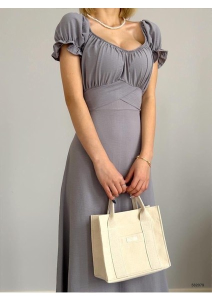 Kemerli Kol Lastikli Madonna Yaka Elbise Gri 582079 fiyatları