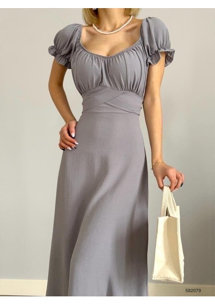Kemerli Kol Lastikli Madonna Yaka Elbise Gri 582079 modelleri
