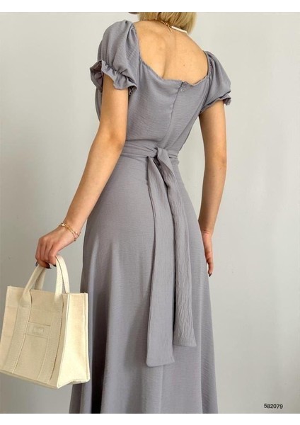 Kemerli Kol Lastikli Madonna Yaka Elbise Gri 582079 fırsatları