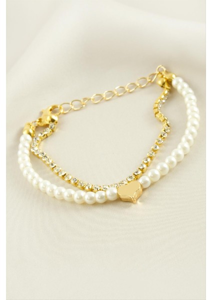 Ds-Derin Kalp Şerit Taşlı Inci Bileklik-Gümüş Rengi