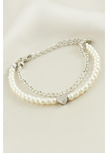 Ds-Derin Kalp Şerit Taşlı Inci Bileklik-Gümüş Rengi fiyatları