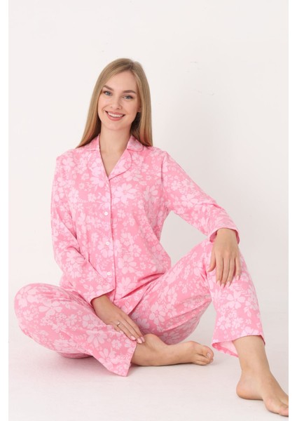 Flower Effect Önden Düğmeli Pijama Takımı