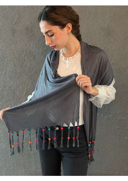 Penye Boncuklu Tasarım Kadın Şal Fular 160X40 cm