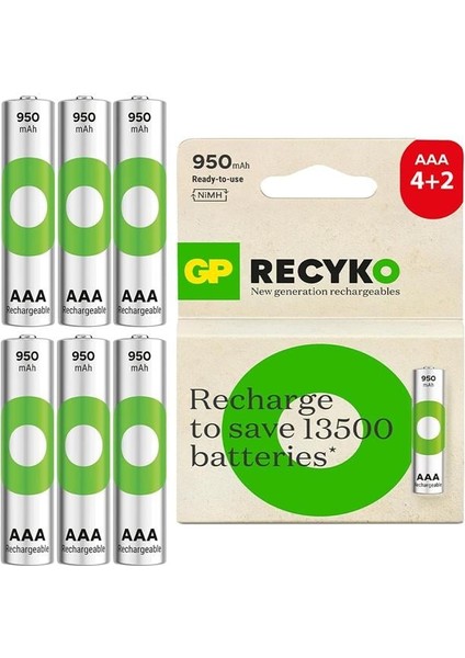 Gp Batteries Recyko 950MAH Aaa Ince Kalem 6 Adet Ni-Mh Şarjlı Pil 1.2 Volt