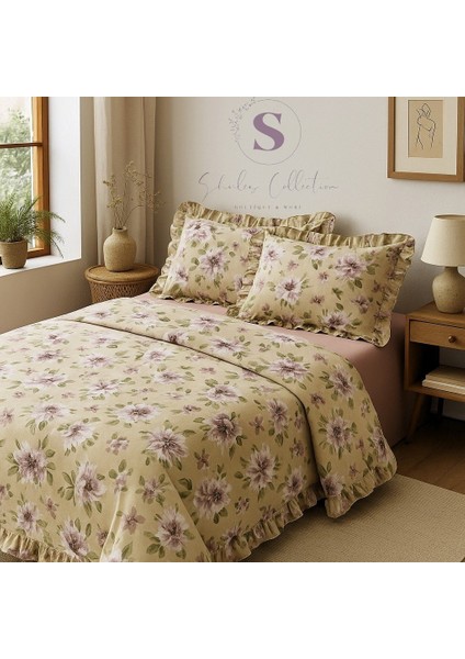 Peony Çiçekli % 100 Pamuk Fırfırlı Çift Kişilik Nevresim Takımı