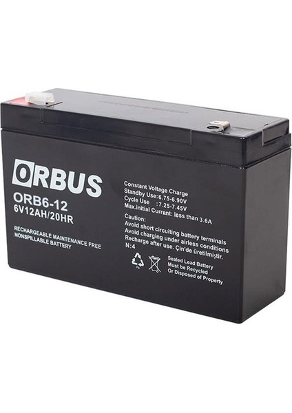 Orbus 6 Volt 12 Amper Kuru Akü Orb6-12 (150X50X94 Mm)