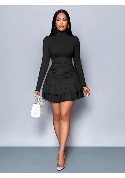 Kadın Uzun Kollu Balıkçı Yaka Mini Fırfırlı Sandy Elbise fiyatları