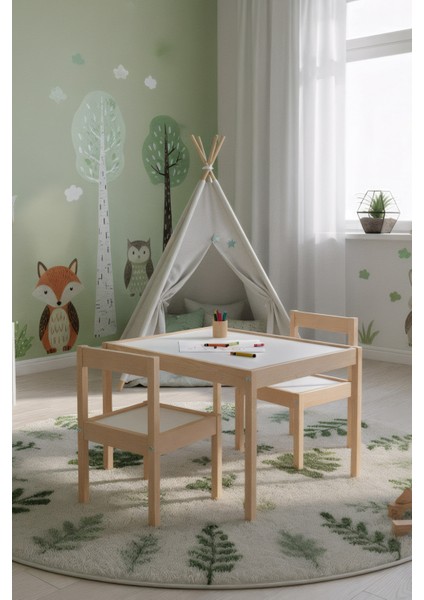Montessori Çocuk Ahşap Etkinlik Masası Seti, 2 Sandalyeli