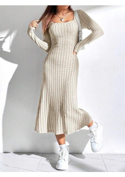 Kadın Uzun Kollu Kare Yaka Midi Kaşkorse Elbise