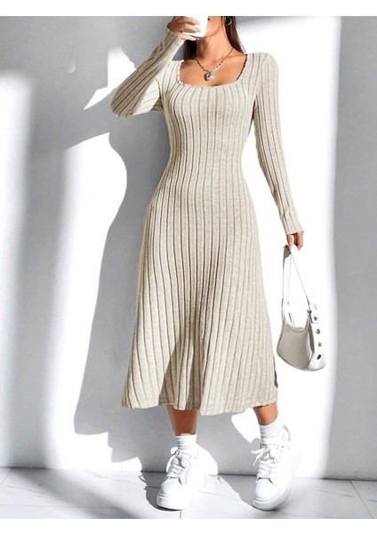 Kadın Uzun Kollu Kare Yaka Midi Kaşkorse Elbise fiyatları