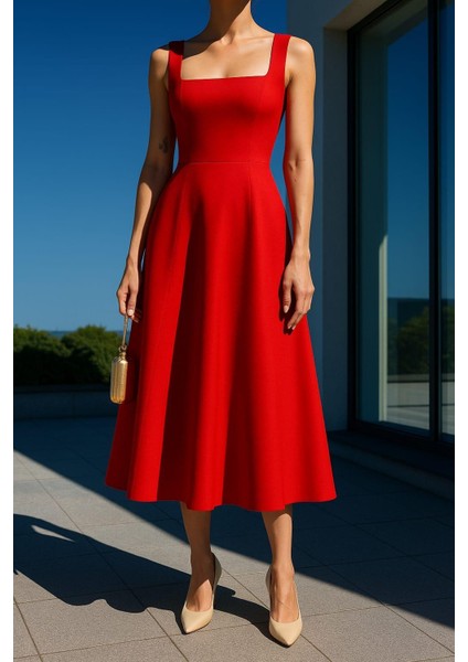 Kadın Kare Yaka Kalın Askı Tasarım Midi Boy Elbise Kırmızı 583208