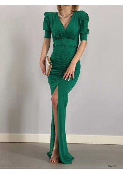 Kruvaze Yaka Kemerli Önden Yırtmaç Sandy Elbise 582464 Zümrüt fiyatları