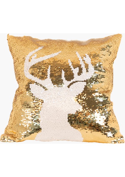 Altın, Beyaz Payetli Geyik Başlı Yastık 40CM