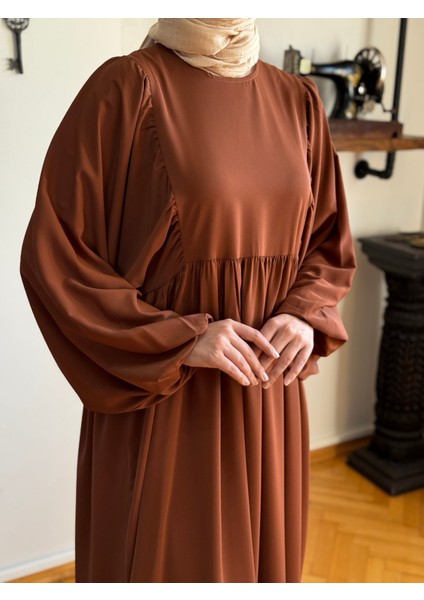 Kahverengi Balon Kollu Oversize Elbise 5096