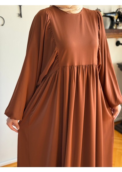 Kahverengi Balon Kollu Oversize Elbise 5096 modelleri