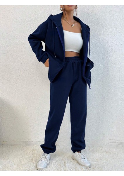 Lacivert Kapüşonlu Fermuarlı Kalın Kışlık Oversize Kadın Eşofman Takımı