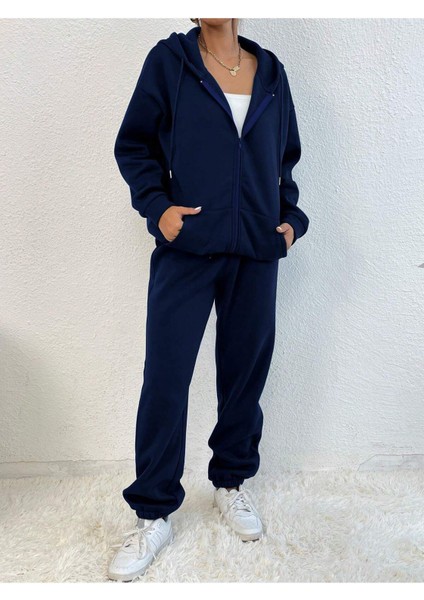 Lacivert Kapüşonlu Fermuarlı Kalın Kışlık Oversize Kadın Eşofman Takımı fiyatları