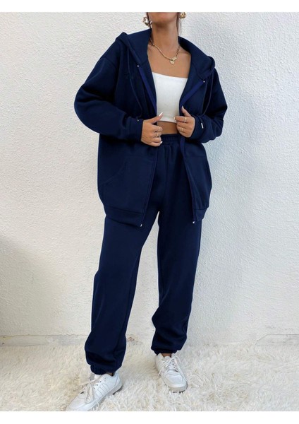 Lacivert Kapüşonlu Fermuarlı Kalın Kışlık Oversize Kadın Eşofman Takımı modelleri