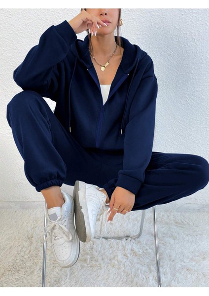 Lacivert Kapüşonlu Fermuarlı Kalın Kışlık Oversize Kadın Eşofman Takımı fırsatları