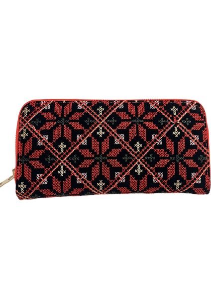 Filistin Geleneksel Renkli Kırmızı Nakışlı Tek Fermuarlı Kadın Büyük Cüzdeni 20*10 cm A100017