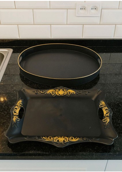 Siyah 2'li Oval ve Dikdörtgen Şık Nostaljik Sunum Tepsi Seti Şık Dekoratif Ikram Tepsisi