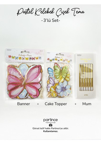 3 Parça Set Pastel Renk Kelebek Çiçek Pasta Süsü Banner ve Metalik Gold Mum Doğum Günü Parti Seti